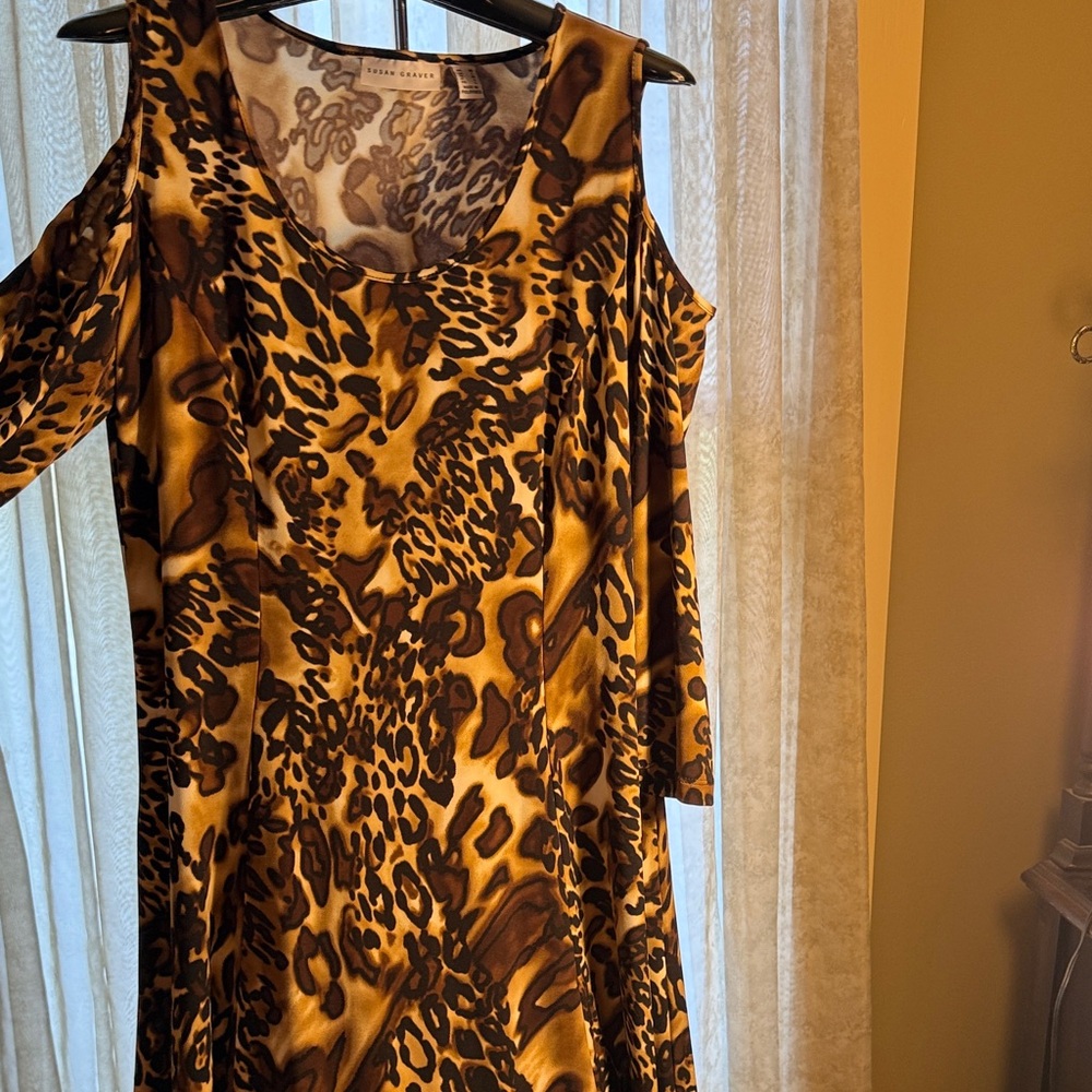 Susan Graver Brown and Tan Leopard Cold-Shoulder Dress